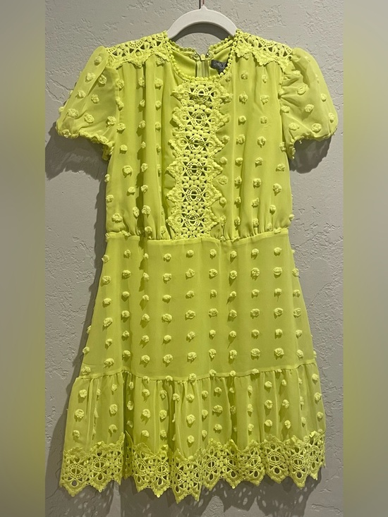 Love Design Dresses & Skirts - Love Design XS Neon Yellow Lace Pom-Pom Mini Dress PTP 16, length 34.